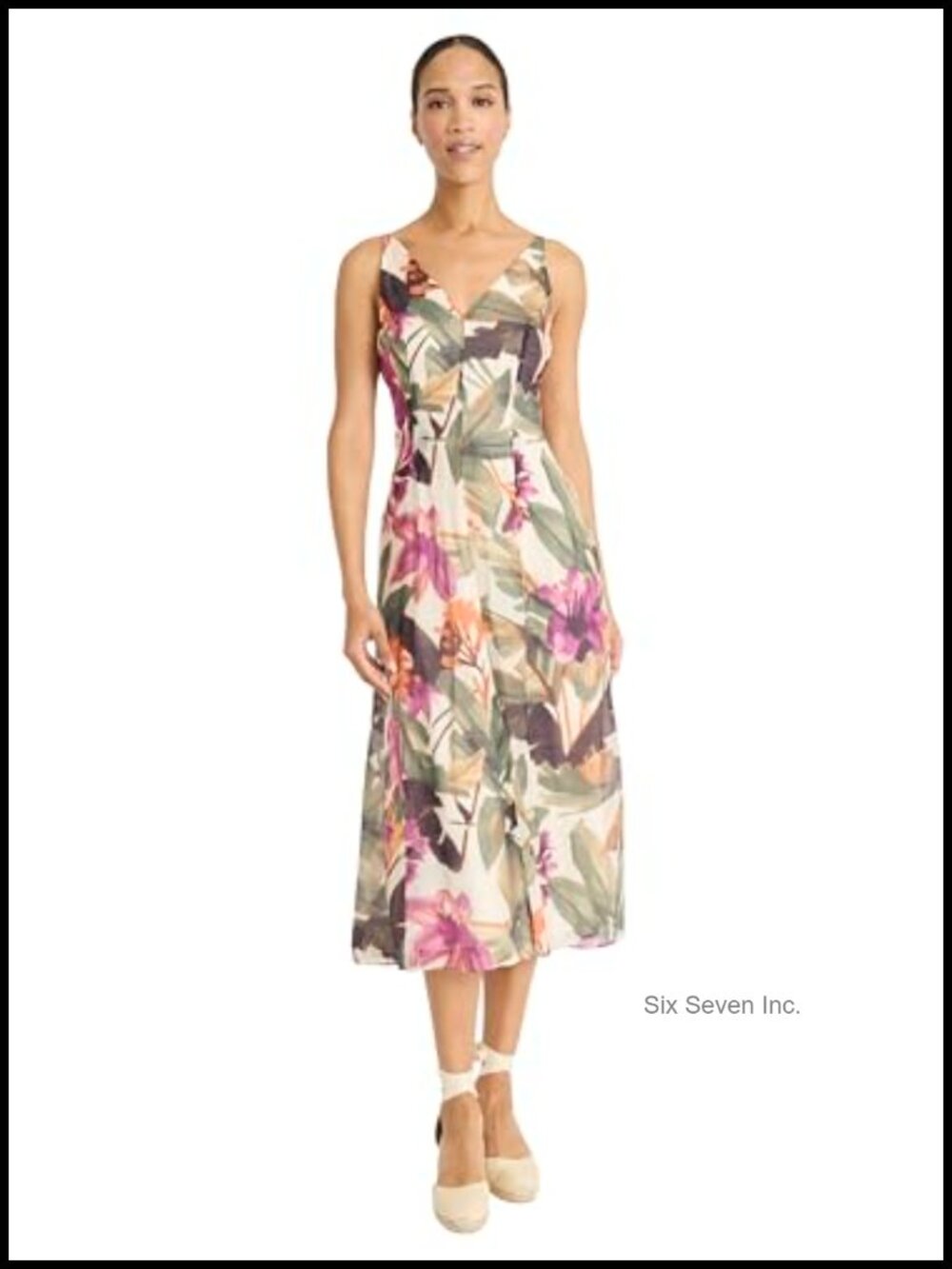 Flowy A-Line Midi Dress with Pockets V-Neck Sleeveless Rayon Nylon